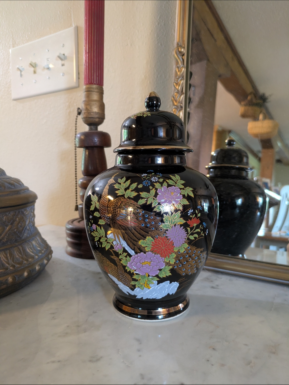 Vintage Black Japanese Interpur Ginger Jar with Peacock Design